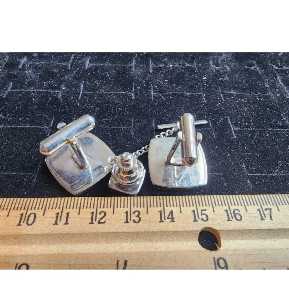 Vintage Cufflink Set Silver Tone Stamped Weave Rolled Edge Used
